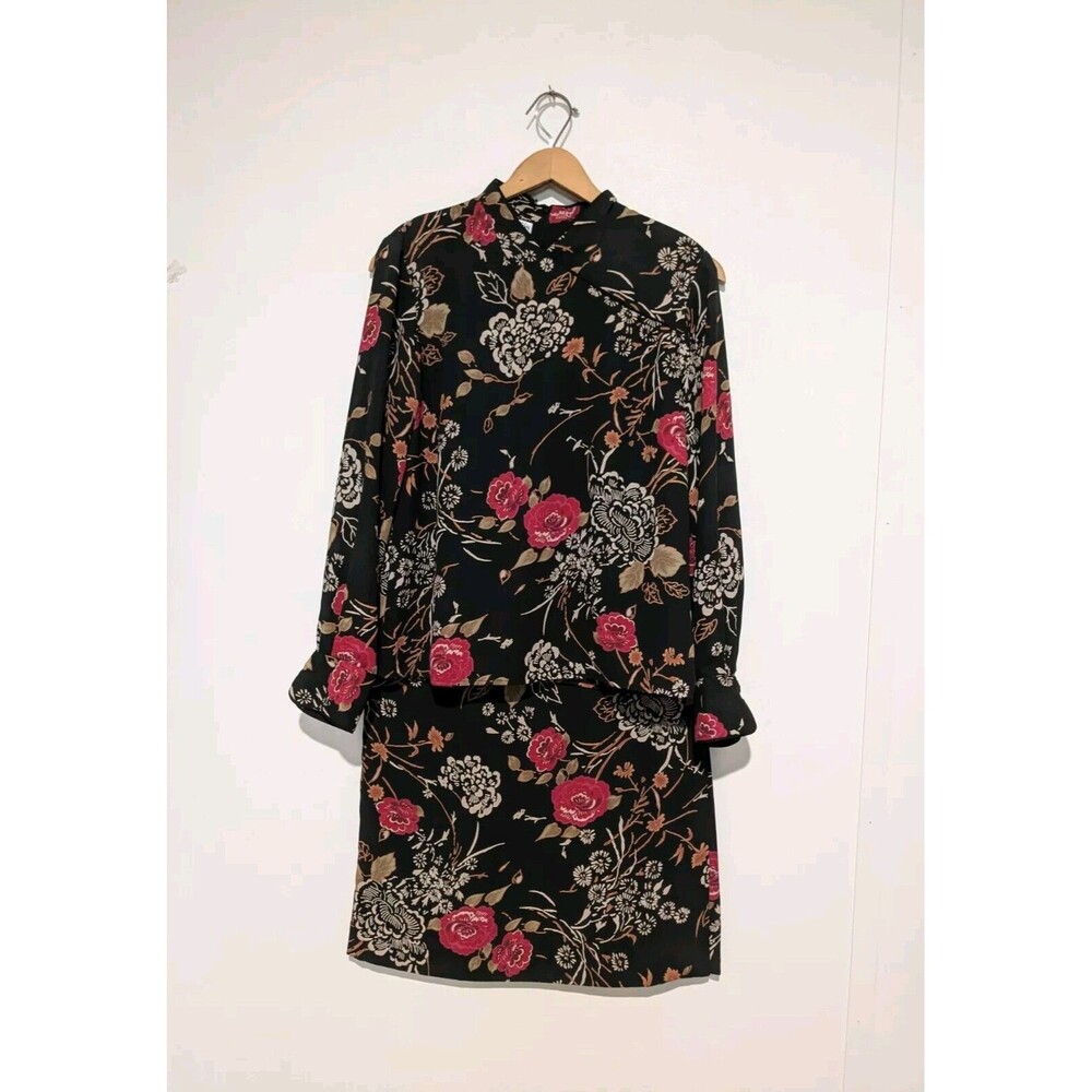 Pendleton Women's Black Floral Skirt Blouse Set 6/8 Easy Care Wrinkle Free